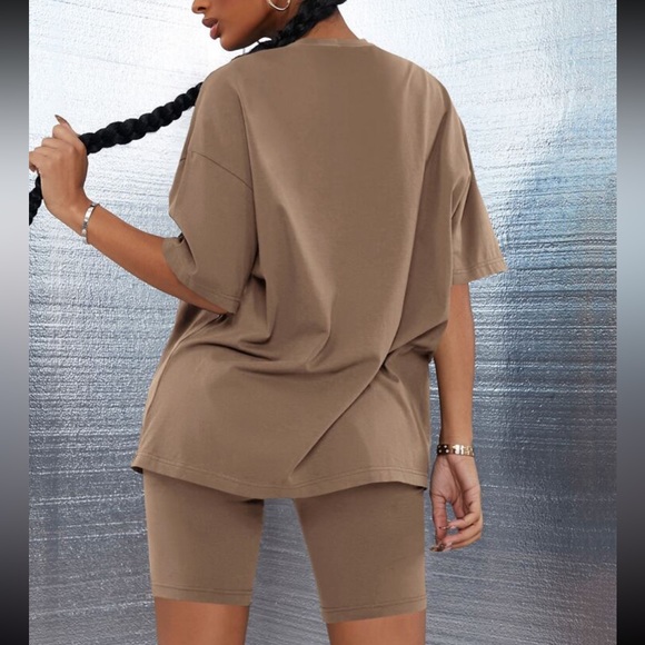 Tan / brown Oversized tee shirt and biker shorts matching set - Picture 3 of 8